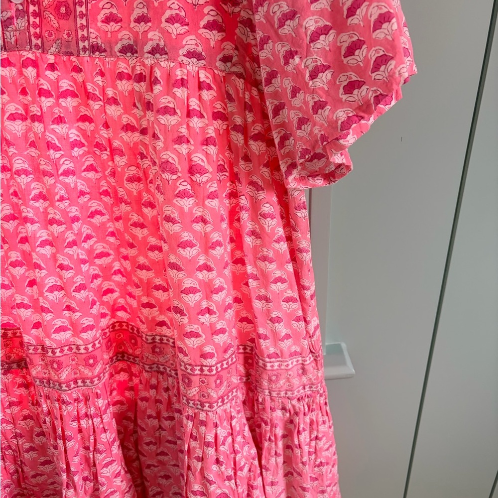 Marea Pink Block Print Tiered Dress Size Large Cotton Short Sleeve - Picture 4 of 6